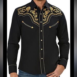 Men's Black Western Embroidered Button-Down Shirt with Gold Floral Yoke